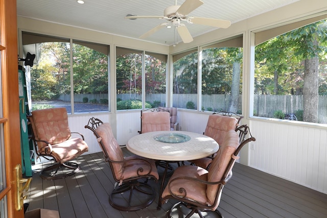 sunroom featuring ceiling fan