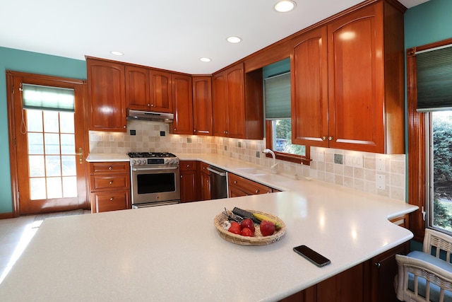 kitchen with decorative backsplash, appliances with stainless steel finishes, plenty of natural light, and sink