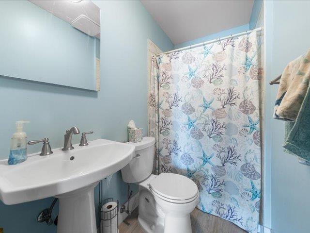 bathroom featuring a shower with curtain, a sink, toilet, and wood finished floors