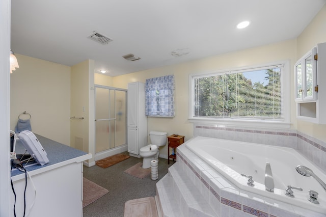 bathroom with plus walk in shower and toilet