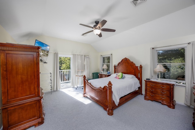 bedroom featuring access to outside, ceiling fan, light carpet, and vaulted ceiling