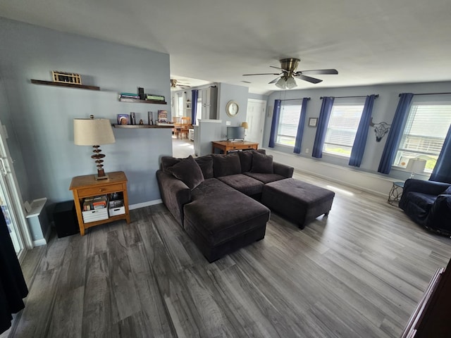 living area featuring baseboards, ceiling fan, wood finished floors, and a healthy amount of sunlight