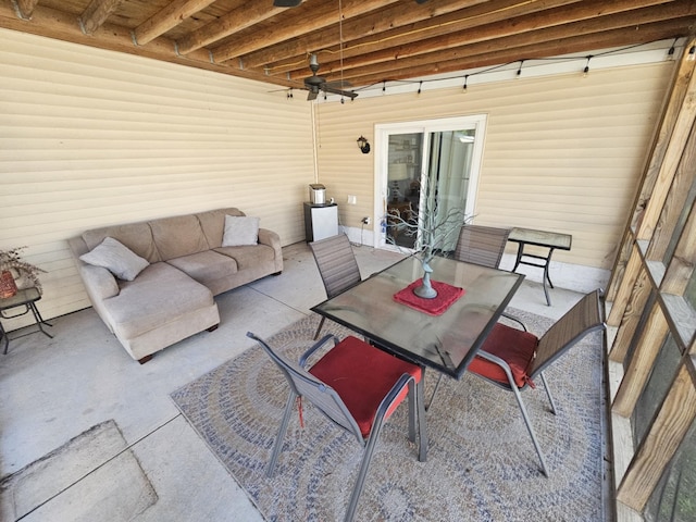 view of patio with a ceiling fan, an outdoor hangout area, and outdoor dining space