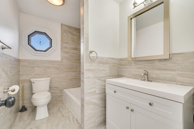 full bathroom with toilet, tile walls, shower / bathtub combination, and vanity