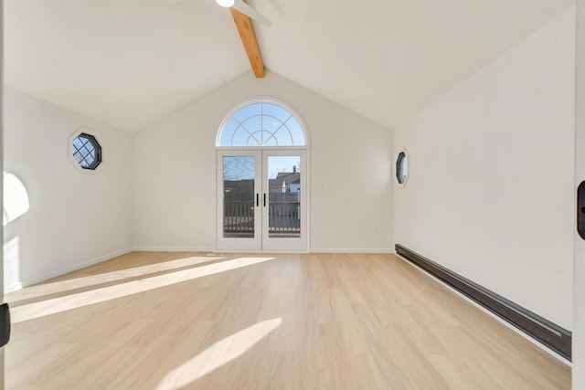 unfurnished living room featuring vaulted ceiling with beams, a baseboard radiator, french doors, ceiling fan, and light hardwood / wood-style floors