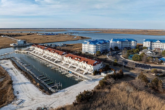 drone / aerial view with a water view