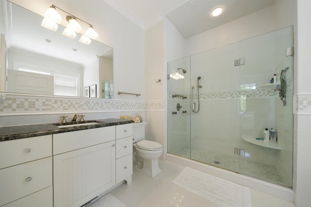 261 45th St, Avalon, NJ 08202 - bathroom featuring tile walls, a shower stall, ornamental molding, vanity, and tile patterned floors