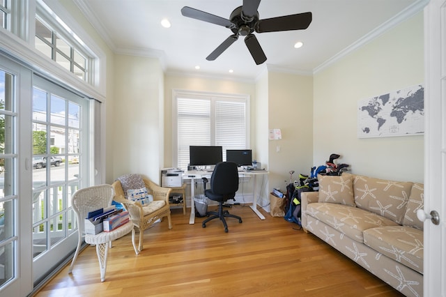 261 45th St, Avalon, NJ 08202 - office area with light wood-style floors, recessed lighting, a ceiling fan, and crown molding