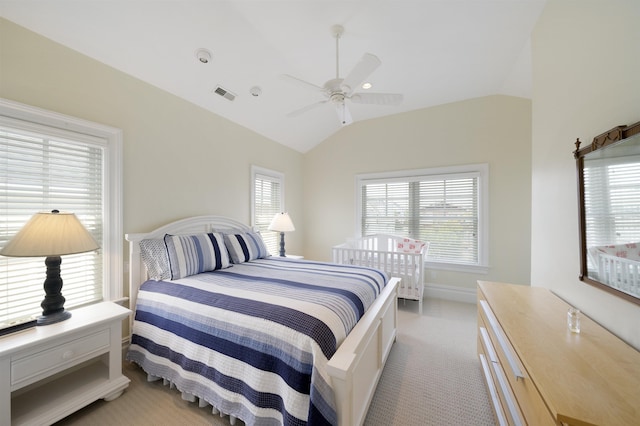 261 45th St, Avalon, NJ 08202 - bedroom featuring light carpet, lofted ceiling, multiple windows, and ceiling fan