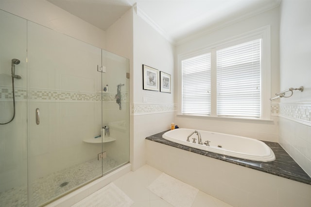 261 45th St, Avalon, NJ 08202 - full bath featuring a garden tub, ornamental molding, a stall shower, and tile patterned flooring