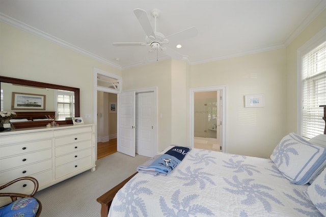 261 45th St, Avalon, NJ 08202 - bedroom featuring ornamental molding, light carpet, multiple windows, ensuite bath, and ceiling fan