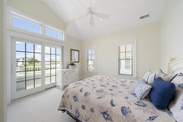 261 45th St, Avalon, NJ 08202 - bedroom featuring access to outside, light carpet, high vaulted ceiling, and a ceiling fan