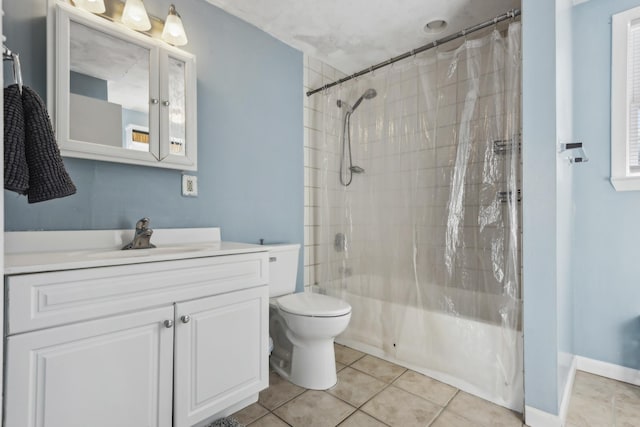 full bathroom with toilet, tile patterned flooring, vanity, and shower / tub combo with curtain