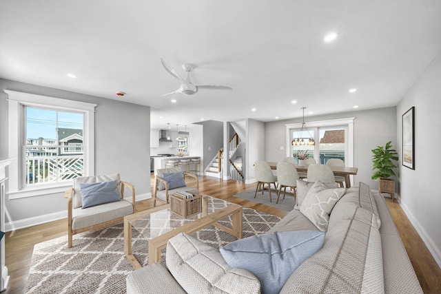 297 24th St Unit 297, Avalon, NJ 08202 - living room featuring light wood finished floors, stairway, recessed lighting, baseboards, and a ceiling fan