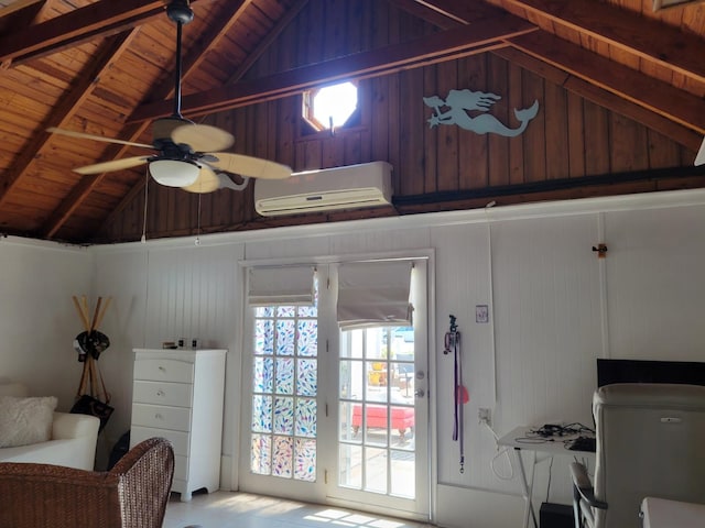 113 W Walnut Ave, North Wildwood, NJ 08260 - bedroom featuring a wall mounted AC, wood ceiling, wooden walls, and access to exterior