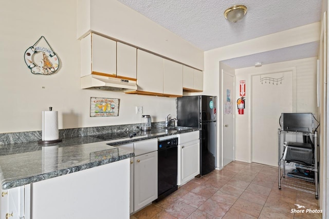 kitchen featuring black appliances, white cabinetry, sink, kitchen peninsula, and a textured ceiling