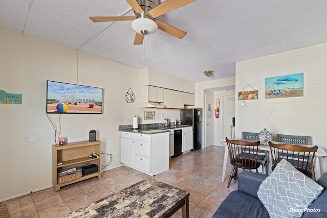 kitchen featuring a textured ceiling, white cabinets, ceiling fan, and black appliances