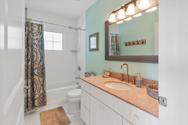 bathroom featuring toilet, shower / bath combo, vanity, and tile patterned floors