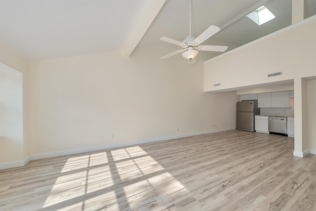 24 Heron Way N, Cape May, NJ 08204 - unfurnished living room with baseboards, light wood finished floors, a skylight, high vaulted ceiling, and ceiling fan