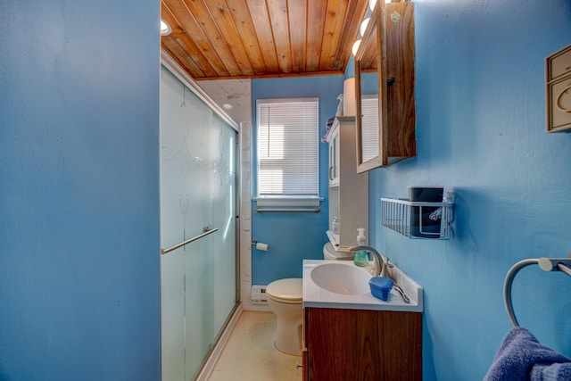 bathroom with toilet, vanity, an enclosed shower, and wooden ceiling