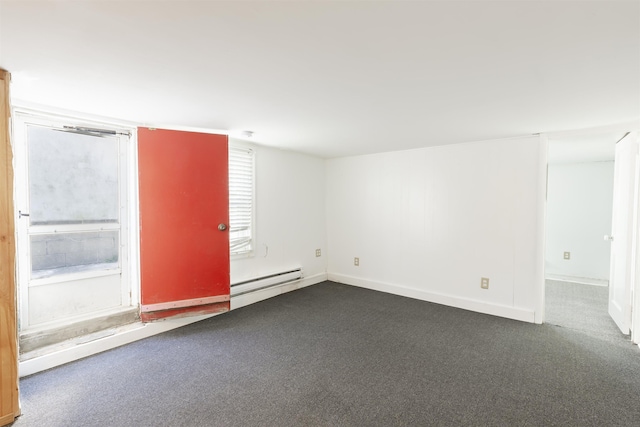 unfurnished room featuring dark carpet and baseboard heating