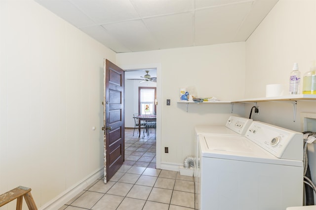 laundry area featuring ceiling fan, light tile patterned floors, and separate washer and dryer