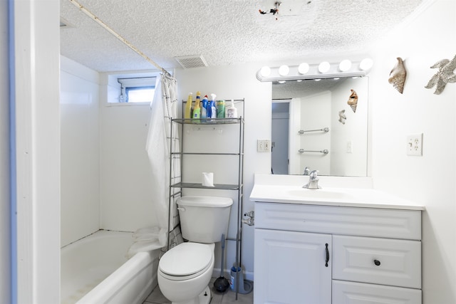 full bathroom featuring vanity, toilet, a textured ceiling, and shower / tub combo
