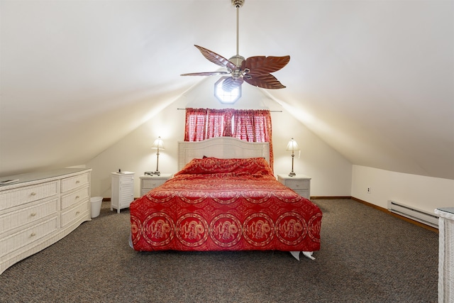 carpeted bedroom with baseboard heating, lofted ceiling, and ceiling fan