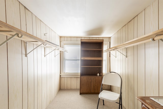 walk in closet featuring light carpet