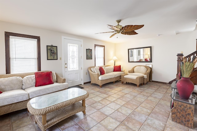 living room with ceiling fan