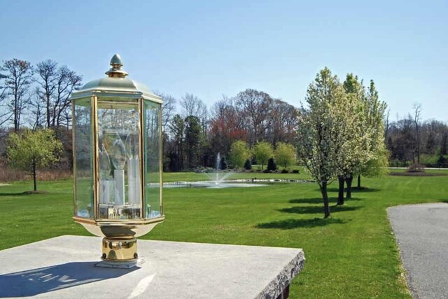 view of community with a lawn and a water view