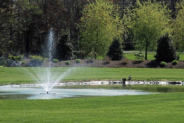 view of home's community with a lawn and a water view