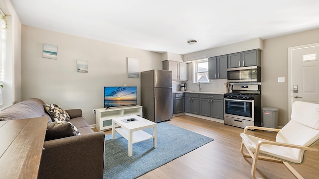 living room with sink and light hardwood / wood-style flooring