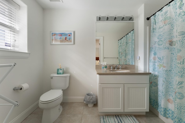 full bathroom featuring visible vents, baseboards, toilet, tile patterned floors, and vanity