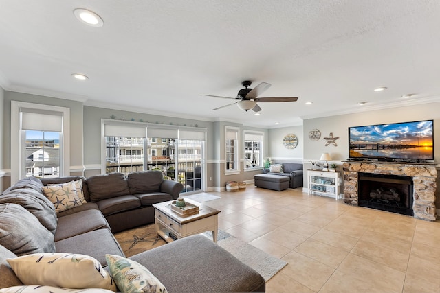 living room with ornamental molding, recessed lighting, light tile patterned flooring, and a fireplace