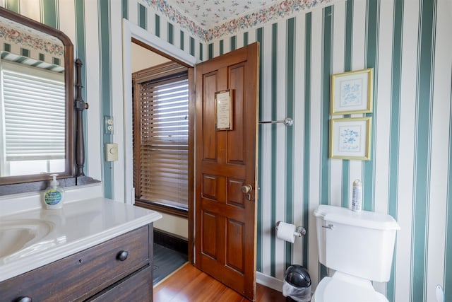 bathroom featuring hardwood / wood-style floors, vanity, a healthy amount of sunlight, and toilet