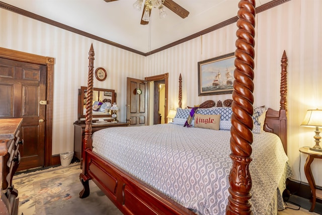 bedroom featuring ceiling fan and crown molding