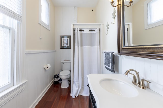 bathroom with hardwood / wood-style floors, vanity, and wood walls