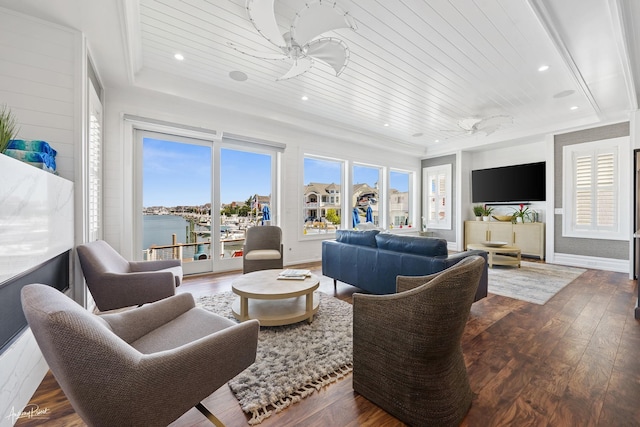 living room featuring dark hardwood / wood-style flooring, wood ceiling, and ceiling fan