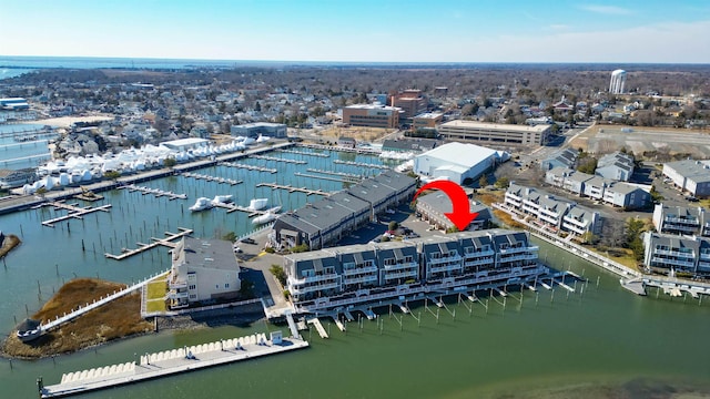 drone / aerial view with a water view