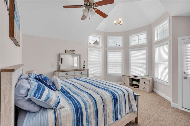 102 E 8 Th Ave, North Wildwood, NJ 08260 - carpeted bedroom with high vaulted ceiling, multiple windows, a chandelier, and ceiling fan