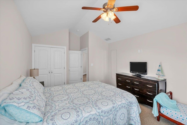 102 E 8 Th Ave, North Wildwood, NJ 08260 - bedroom featuring a closet, vaulted ceiling, light colored carpet, and ceiling fan