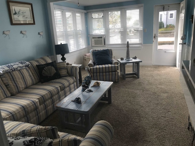 carpeted living room with cooling unit