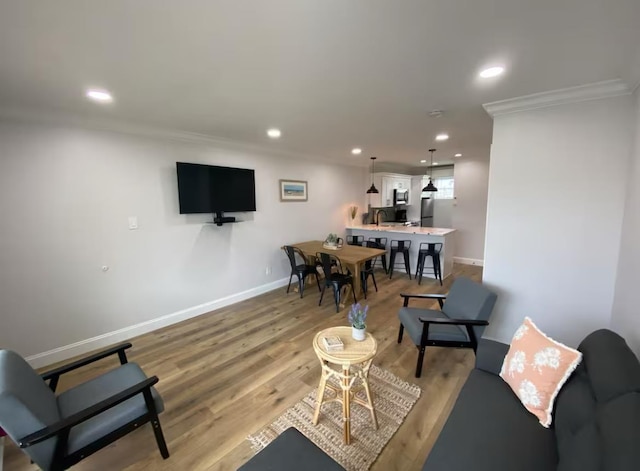 living room featuring hardwood / wood-style floors and ornamental molding