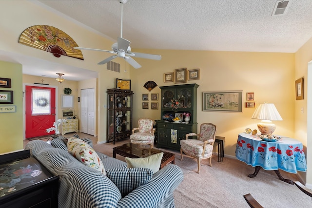 2710 Bybrook Dr, Cape May Beach, NJ 08251 - living room featuring carpet flooring, vaulted ceiling, ceiling fan, and a textured ceiling