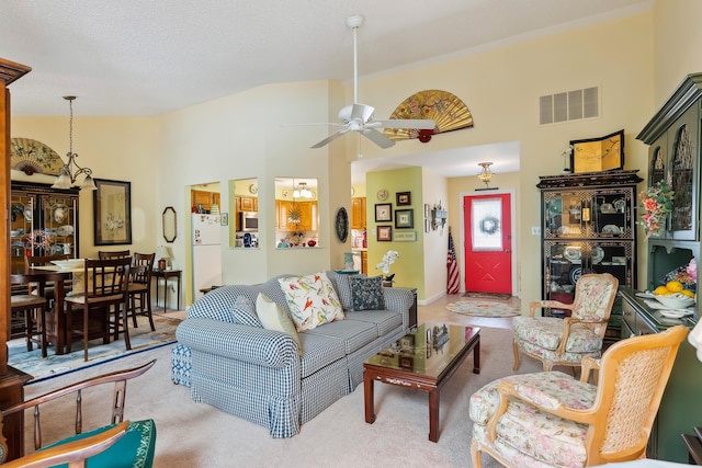 2710 Bybrook Dr, Cape May Beach, NJ 08251 - carpeted living room featuring ceiling fan and vaulted ceiling