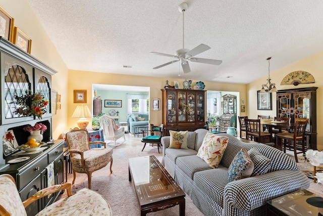 2710 Bybrook Dr, Cape May Beach, NJ 08251 - living area with a textured ceiling, ceiling fan, carpet, and lofted ceiling