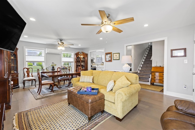 200 Sunray Beach Rd, Del Haven, NJ 08251 - living room featuring stairs, wood finished floors, a ceiling fan, baseboards, and recessed lighting