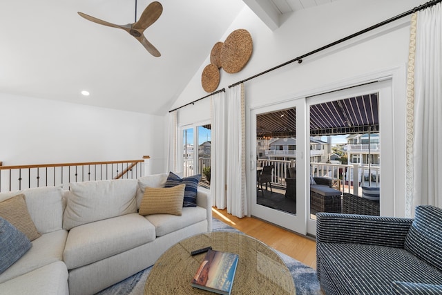 260 83rd St Unit 1, Stone Harbor, NJ 08247 - living area with wood finished floors, a ceiling fan, high vaulted ceiling, and recessed lighting