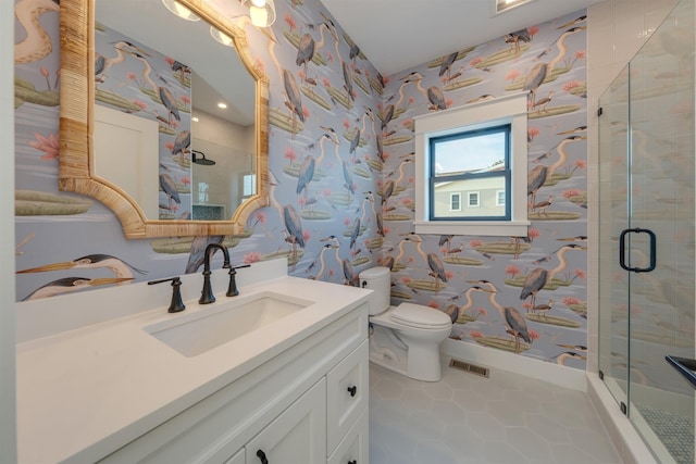 615 W Spruce Ave, North Wildwood, NJ 08260 - bathroom featuring visible vents, a shower stall, vanity, and wallpapered walls